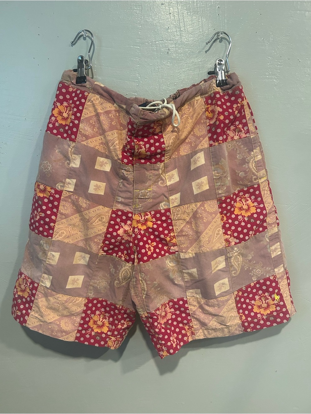 Vintage Ralph Lauren Red and Beige Patchwork Swim Board Shorts